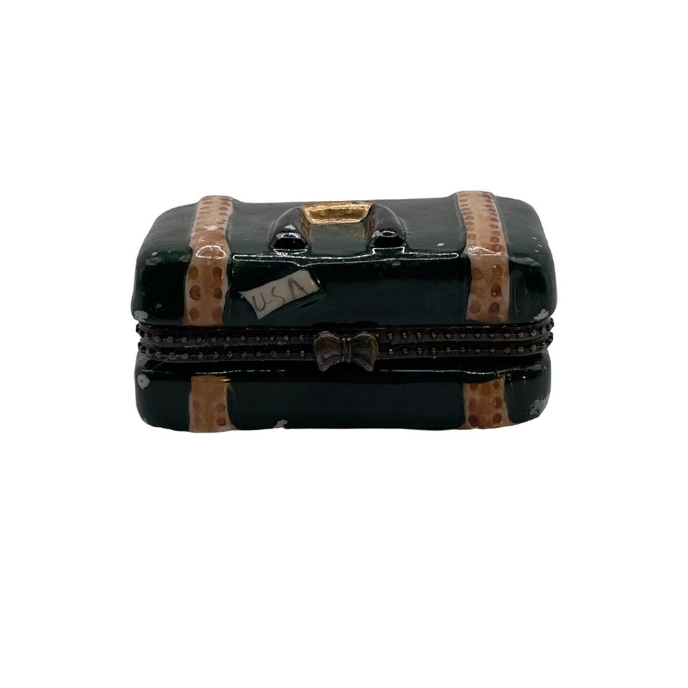 Green Luggage USA Tag Cold Painted Hinged Lid Trinket Box
